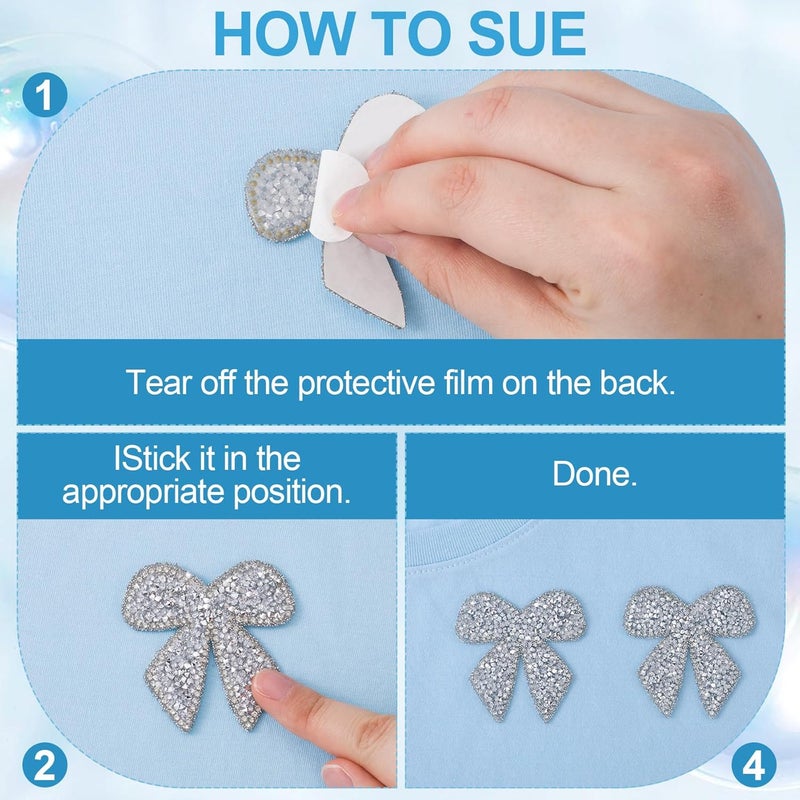 SmallCat 6pcs Bow Rhinestone Patches, Glitter Bowknot Applique, Self-Adhesive Repair Bow Clothing Patches for Jackets Hats Bags Jeans Shoes- Silver - Image 4